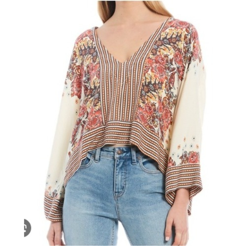 Free People Womens XS Mixed Floral Stripe Print V-Neck Kimono Top Cream Red Boho